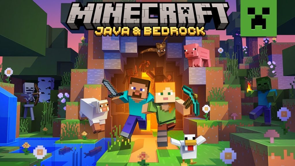Minecraft Java &Amp; Bedrock Edition Highly Compressed Pc Games Full Version A Vibrant Minecraft Scene Featuring Steve And Alex, With A Skeleton, Zombie, Pig, Chicken, And Creeper. The Background Includes A Cave Entrance, Grassy Plains, And Water. The Title &Quot;Minecraft Java &Amp; Bedrock&Quot; Is Displayed At The Top.