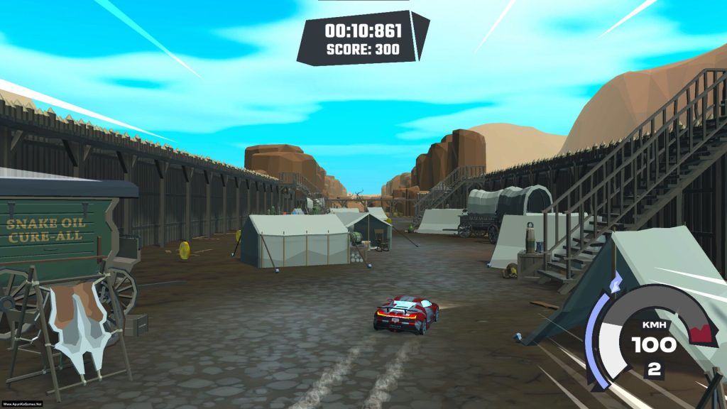 Realm Racer Highly Compressed Pc Games Full Version Free Download A High-Speed Car Racing Through A Desert-Like Environment With Industrial Elements, Featuring A Green Train Car Labeled &Quot;Snake Oil Cure-All,&Quot; White Tents, And Rocky Terrain. The Sky Is Clear Blue, And The Scene Includes A Speedometer Indicating 100 Km/H.
