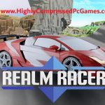 A High-Performance Sports Car With A Sleek Red And White Design, Featuring A Large Rear Wing And Low Profile Tires. The Vehicle Is Set Against A Dynamic Background Of Various Landscapes Including A Desert, An Ancient Temple, A Lush Green Valley, And A Modern Cityscape. The Text &Quot;Realm Racer&Quot; In Bold White Letters On A Blue Geometric Backdrop, Along With The Website Url &Quot;Www.highlycompressedpcgames.com&Quot; At The Top.