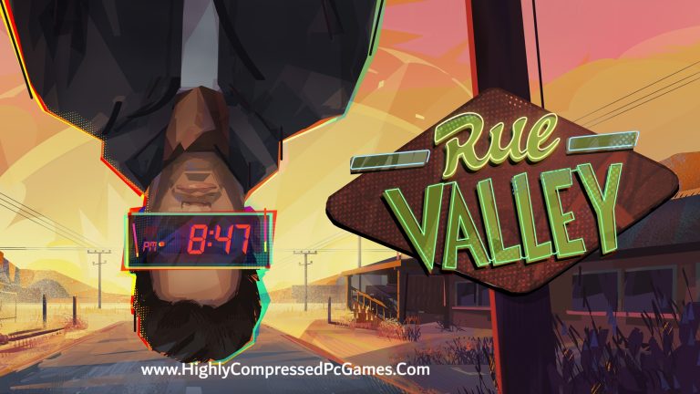 Rue Valley Game Highly Compressed For Pc Full Version Free Download A Stylized, Low-Poly Illustration Of A Woman With An Umbrella And A Digital Clock Showing 8:47 Pm. The Background Features A Sunset Or Sunrise Scene With A Road, Power Lines, And Buildings. A Neon Sign That Reads &Quot;Rue Valley&Quot; Is Prominently Displayed. The Image Has A Retro-Futuristic Aesthetic With Vibrant Colors And Geometric Shapes.