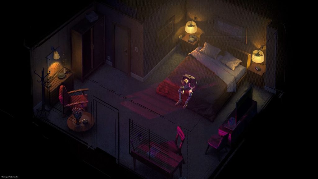 Rue Valley Game Highly Compressed For Pc Full Version Free Download A Dimly Lit Hotel Room With A Person Sitting On The Edge Of The Bed, Appearing Contemplative Or Distressed. The Room Features A Double Bed With White Sheets And Red Blanket, Two Nightstands With Lamps, A Wardrobe, A Desk With A Chair, A Round Table With Chairs, And A Television Set. The Lighting Is Soft And Warm, Creating An Intimate Yet Somber Atmosphere.
