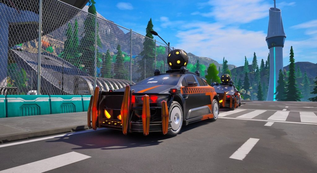 Taxi Chaos 2 Game Highly Compressed For Pc Full Version Free Download A Futuristic Cityscape With Two Sleek, Black And Orange Autonomous Vehicles Featuring Glowing Yellow Lights On Top Driving Down A Road. The Background Includes A Towering Structure Emitting A Blue Light, Lush Green Trees, Mountains, And A Clear Blue Sky. The Scene Is Set In A High-Tech Urban Environment With Advanced Infrastructure.